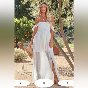 White, flowy, strapless, off the shoulder, long, maxi dress